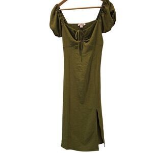Monteau Midi Dress Sz M Green Puff Sleeve Smocked Slit Boho Peasant Renaissance